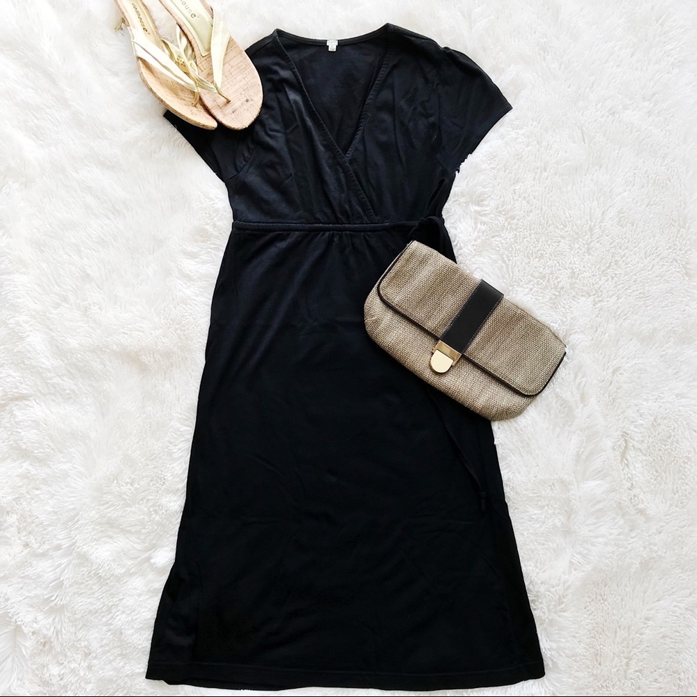 J. Crew black cotton tee shirt midi dress v neck cap sleeve Sz S